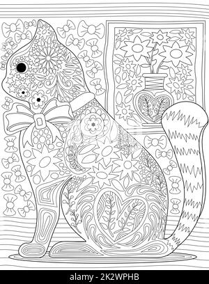 Abstrait vecteur ligne dessin maison chat portant noeud assise sol floral image fond. Image de ligne de ligne de ligne numérique animal ayant des motifs de fleur de ruban collier. Banque D'Images