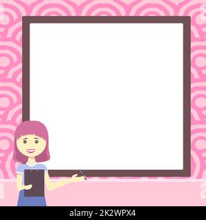 Lady Drawing tient debout presse-papiers présentant de nouvelles idées à l'équipe.Woman Design stands utilise Board pour montrer les nouvelles technologies aux étudiants. Banque D'Images