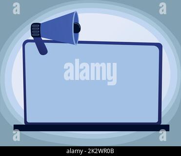 Illustration de la mégaphone sur un moniteur vierge faire de nouvelles annonces étonnantes au public. Bullhorn dessin à l'écran d'ordinateur vide présentant de vieilles annonces merveilleuses. Banque D'Images