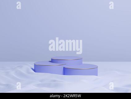 Bleu pastel clair 3D rendu minimum produit afficher trois cylindres de luxe podiums ou supports, sur le tissu ondulé produit photographie arrière-plan appart composition avec des lignes dorées cosmétique Banque D'Images