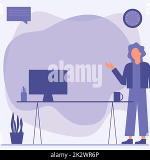 Femme Bureau debout utilisant un ordinateur portable avec bulle de parole à côté de vase d'usine. Lady Design utilise un ordinateur portable placé sur le dessus de la table à côté D'Un récipient en pot. Banque D'Images