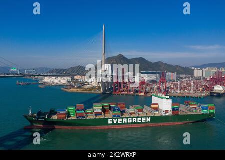 Kwai Tsing, Hong Kong 04 December 2019: Drone fly over Hong Kong cargo terminal Stock Photo