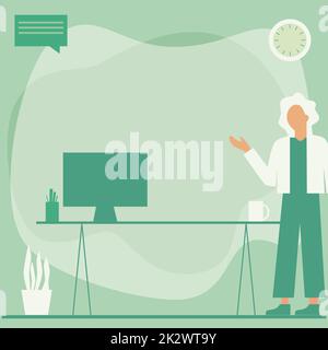 Femme Bureau debout utilisant un ordinateur portable avec bulle de parole à côté de vase d'usine. Lady Design utilise un ordinateur portable placé sur le dessus de la table à côté D'Un récipient en pot. Banque D'Images