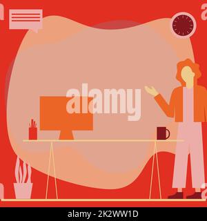 Femme Bureau debout utilisant un ordinateur portable avec bulle de parole à côté de vase d'usine. Lady Design utilise un ordinateur portable placé sur le dessus de la table à côté D'Un récipient en pot. Banque D'Images