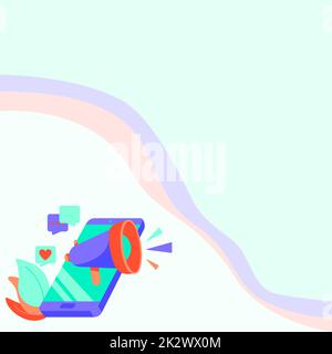 Dessin mobile partage de commentaires positifs et de bonnes réactions par le biais de Megaphone. Dessin Smart Phone distribution de merveilleux avis sur UN Bullhorn. Banque D'Images