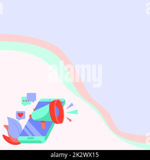 Dessin mobile partage de commentaires positifs et de bonnes réactions par le biais de Megaphone. Dessin Smart Phone distribution de merveilleux avis sur UN Bullhorn. Banque D'Images