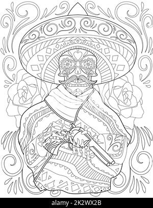 Crâne Mariachi dessin tenant pistolet portant Big Hat entouré de belles Roses. Creepy Mexican Man Line Drawing possède Un bras de feu avec une grande robe de tête. Banque D'Images