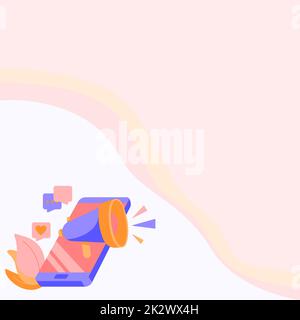 Dessin mobile partage de commentaires positifs et de bonnes réactions par le biais de Megaphone. Dessin Smart Phone distribution de merveilleux avis sur UN Bullhorn. Banque D'Images