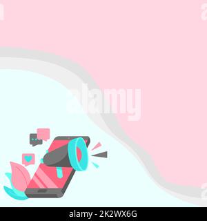 Dessin mobile partage de commentaires positifs et de bonnes réactions par le biais de Megaphone. Dessin Smart Phone distribution de merveilleux avis sur UN Bullhorn. Banque D'Images