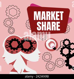 Affiche indiquant la part de marché. Concept c'est-à-dire la partie d'un marché contrôlée par une société donnée deux chefs avec COGS montrant des idées de technologie. Banque D'Images