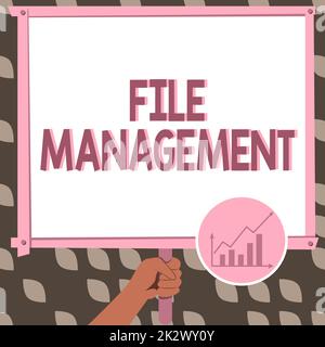 Texte indiquant la gestion des fichiers d'inspiration. Business Showcase programme informatique qui fournit une interface utilisateur pour gérer les données main Holding Panel Board Afficher les dernières stratégies de croissance financière. Banque D'Images
