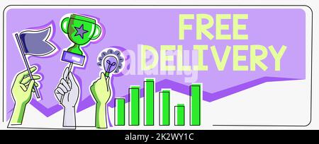 Légende conceptuelle livraison gratuite. Aperçu de l'entreprise emballage d'expédition Courier de cargaison Centre de distribution mains fragiles tenant des objectifs de drapeau, Trophée des idées de lampe célébrant des barres de graphique de succès Banque D'Images