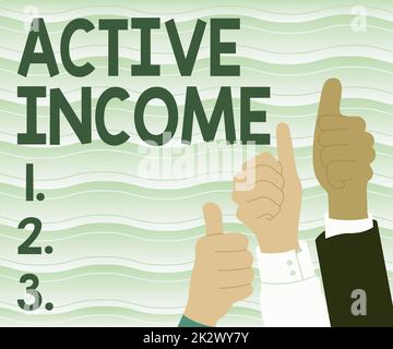 Affiche indiquant le revenu actif. Concept d'affaires redevances salaires Pensions investissements financiers conseils collègues félicitant le succès en présentant l'effort combiné innovant. Banque D'Images
