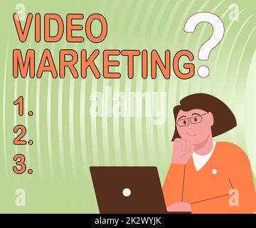Légende du texte présentant le marketing vidéo. Approche d'affaires créer de courtes vidéos sur des sujets spécifiques en utilisant des articles Lady Drawing brainstorming nouvelles solutions entourées de points d'interrogation Banque D'Images