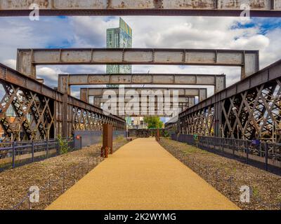 Castlefield Viaduct with Beetham Tower in the distance. Manchester. Stock Photo