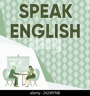 Affiche parler anglais. Concept étude de la signification d'une autre langue étrangère cours de conversation en ligne collègues assis sur le bureau avec des cahiers d'ordinateur portable montrant des graphiques conversation Banque D'Images