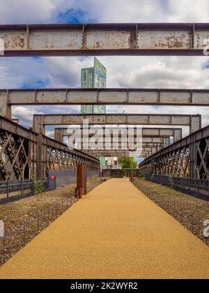 Castlefield Viaduct with Beetham Tower in the distance. Manchester. Stock Photo