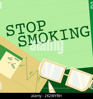 Légende de texte présentant Stop Smoking. Idée d'affaires de cesser ou d'arrêter l'utilisation de la dépendance du tabac papier assis sur le bureau composé de tableaux calcul plans financiers. Banque D'Images