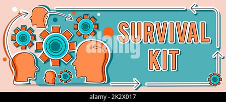 Légende du texte présentant le kit de survie. Mot pour l'équipement d'urgence Collection d'articles pour aider quelqu'un de plusieurs têtes avec COGS montrant des idées de technologie. Banque D'Images