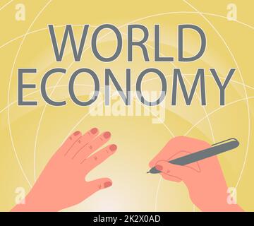 Affichage conceptuel économie mondiale. Concept signification Global Worldwide les marchés internationaux échangent des mains d'échange d'argent à l'aide de crayon élaborer des plans d'objectifs créatifs novateurs. Banque D'Images