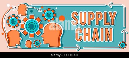 Légende conceptuelle chaîne logistique. Concept Internet système d'organisation et de processus du fournisseur au consommateur plusieurs chefs avec COGS montrant des idées de technologie. Banque D'Images