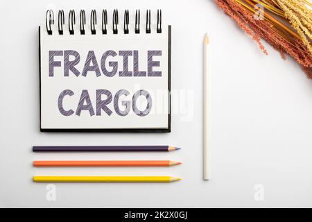 Texte d'écriture fragile Cargo. Idée d'affaires poignée sécable avec soin film à bulles verre marchandises dangereuses éclair fournitures de bureau d'école, enseignement Collections d'apprentissage, Outils de rédaction Banque D'Images