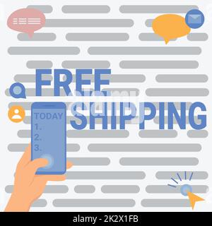 Présentation conceptuelle livraison gratuite. Mot pour fret expédition chargement chargement chargement chargement chargement chargement chargement chargement chargement chargement expédition mains de montage tenant le dispositif technologique appuyant sur le bouton application. Banque D'Images