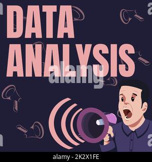 Texte montrant l'analyse des données d'inspiration. Approche d'affaires traduire les chiffres à la conclusion analytique prévision homme d'affaires parlant par Megaphone faire une nouvelle annonce merveilleuse Banque D'Images