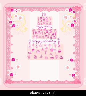 Carte d'anniversaire avec gâteau sur vintage background. vector illustration Banque D'Images