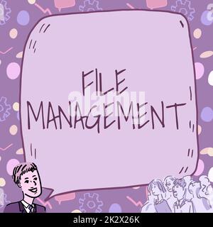 Texte indiquant la gestion des fichiers d'inspiration. Programme informatique de présentation de l'entreprise qui fournit une interface utilisateur pour gérer les données d'homme d'affaires avec la grande bulle de parole parler à la foule présentant de nouvelles idées Banque D'Images