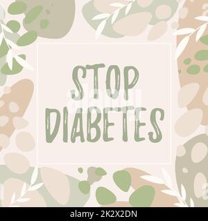 Affiche Stop Diabetes. Le niveau de sucre dans le sang est plus élevé que la normale Inject Inject Text Frame entouré de coeurs et de feuilles de fleurs assorties. Banque D'Images