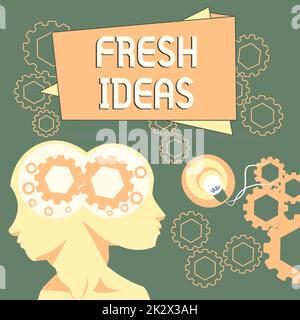 Affichage conceptuel idées nouvelles. Idée d'entreprise pensée ou suggestion de la manière possible de l'action deux chefs avec COGS montrant des idées de technologie. Banque D'Images