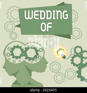 Légende de texte présentant mariage de. Photo conceptuelle annonçant que l'homme et maintenant comme marié couple toujours deux têtes avec COGS montrant des idées de technologie. Banque D'Images