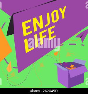 Légende de texte présentant Profitez de la vie. Concept signifiant toute chose, endroit, nourriture ou personne, qui vous fait vous détendre et heureux Open Box avec Flying Paper planes présentant de nouvelles idées libres Banque D'Images