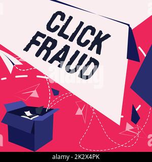 Affiche affichant cliquez sur fraude. Mot pour la pratique de cliquer à plusieurs reprises sur la publicité hébergé site ouvert Box avec Flying Paper planes présentant de nouvelles idées libres Banque D'Images