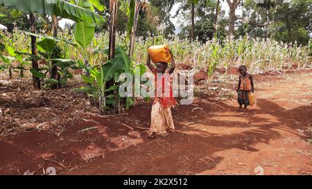 Des enfants de différents âges essayaient de recueillir de l'eau potable en Ouganda Banque D'Images