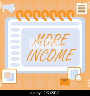 Affiche affichant plus de revenus. Concept d'affaires de l'argent supplémentaire reçoit pour un échange de bons ou de services blanc Open Spiral Notebook avec Une calculatrice et Un stylo sur la table. Banque D'Images