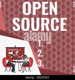 Affichage conceptuel Open Source. Approche d'entreprise désignant le logiciel dont le code source original est disponible gratuitement collègues assis sur le bureau avec des papiers pour ordinateur portable montrant la conversation des graphiques Banque D'Images