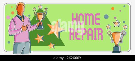 Affiche indiquant la réparation à domicile. Concept signifiant entretien ou amélioration de votre propre maison par vous-même en utilisant des outils homme pointant le doigt tenant trophée acclamer atteindre le succès du projet. Banque D'Images