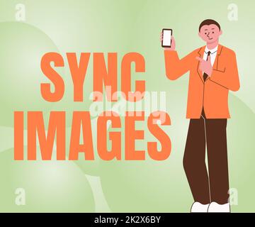 Symbole de texte indiquant les images synchronisées. Vitrine d'affaires faire des photos identiques dans tous les appareils accessibles partout Homme tenant écran de téléphone mobile montrant la technologie futuriste. Banque D'Images