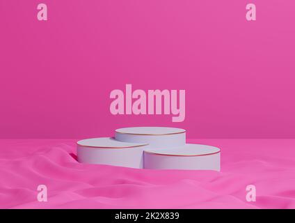 Magenta vif, rose fluo 3D rendu minimum produit afficher trois cylindres de luxe podiums ou supports, sur le tissu ondulé produit photographie arrière-plan appart composition avec or lignes cosmétiques Banque D'Images
