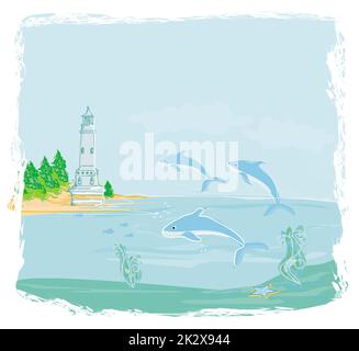 Vu de phare d'une petite plage et les dauphins Banque D'Images