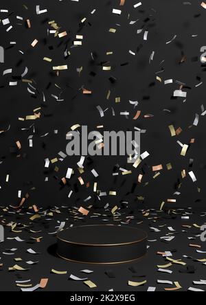 Socle de présentation noir, gris foncé, noir et blanc 3D produits de rendu produits anniversaire, célébration avec confetti autour du podium avec ligne dorée pour des produits de luxe simple, fond minimal Banque D'Images