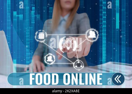 Légende conceptuelle Food Online. Internet concept demander quelque chose à manger à l'aide de l'application de téléphone ou de site Web Lady en costume le doigt de pointage représente la pensée novatrice mondiale. Banque D'Images