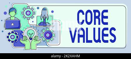 Légende de texte présentant les valeurs fondamentales. Business concept croyance personne ou organisation considère comme étant importance mains tenant Lamp Rocket avec l'homme d'affaires présentant de nouvelles idées startups Banque D'Images