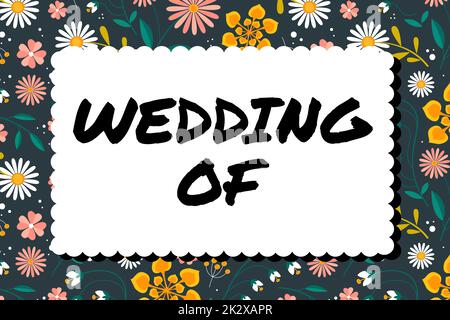 Signe écrit à la main mariage de. Internet concept annonçant que l'homme et maintenant comme couple marié Forever Frame décoré avec des fleurs colorées et le feuillage arrangé harmonieusement. Banque D'Images