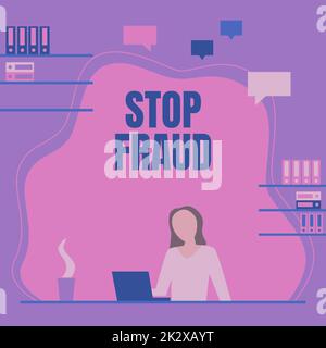 Écriture affichant le texte Stop Fraud. Mot écrit sur les conseils de campagne montrant à surveiller leurs transactions d'argent femme assis sur le bureau de travail et de présenter les nouvelles technologies. Banque D'Images