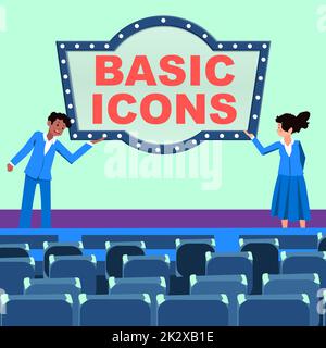 Panneau d'écriture à la main icônes de base. Pictogramme d'approche commerciale ou idéogramme affiché sur un écran d'ordinateur ou un téléphone des collègues masculins et féminins font une présentation sur scène avec des gestes de la main. Banque D'Images