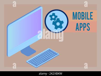 Affiche manuscrite applications mobiles. Approche d'entreprise les petits programmes sont conçus pour fonctionner sur des téléphones tels que l'application Store ou l'application Store Monitor avec un clavier symbolisant la connexion en ligne entre collègues. Banque D'Images