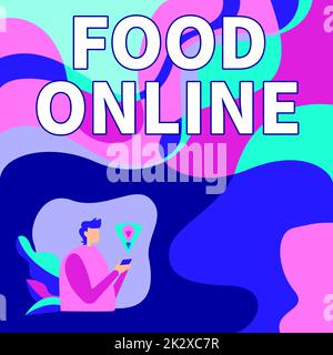 Légende du texte Présentation des aliments en ligne. Concept d'entreprise demandant quelque chose à manger à l'aide de l'application de téléphone ou d'un site Web homme d'affaires utilisant le téléphone mobile faire des plans accomplir les derniers objectifs. Banque D'Images